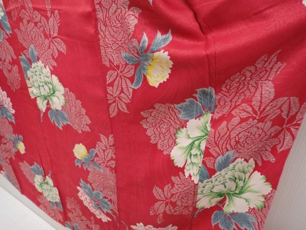 Photo4: 6508T14z690 Antique Japanese Kimono Silk FURISODE Peony Red-Pink (4)