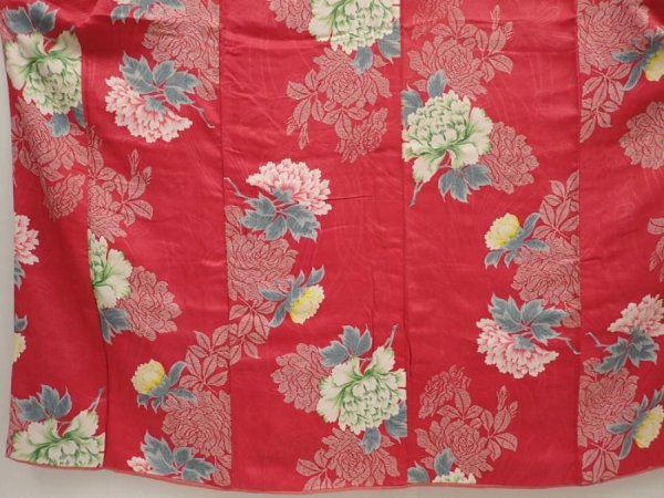 Photo5: 6508T14z690 Antique Japanese Kimono Silk FURISODE Peony Red-Pink (5)