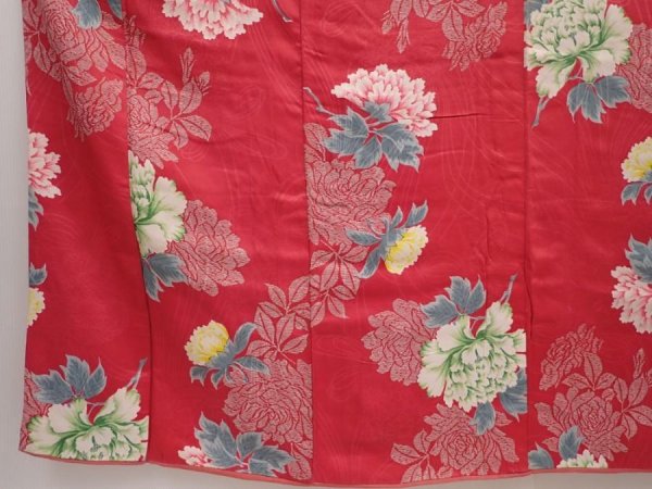 Photo6: 6508T14z690 Antique Japanese Kimono Silk FURISODE Peony Red-Pink (6)