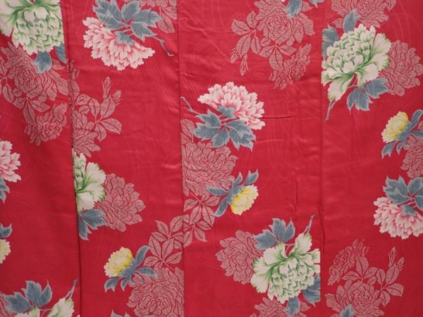 Photo8: 6508T14z690 Antique Japanese Kimono Silk FURISODE Peony Red-Pink (8)
