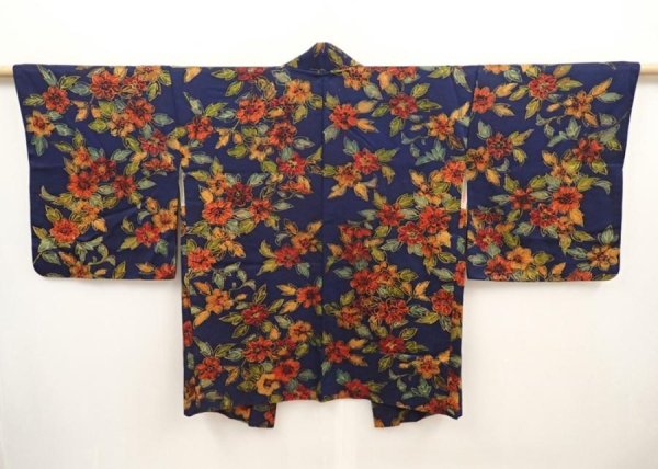 Photo1: 6514T01z580 Vintage Japanese Kimono Silk HAORI Flower Navy (1)