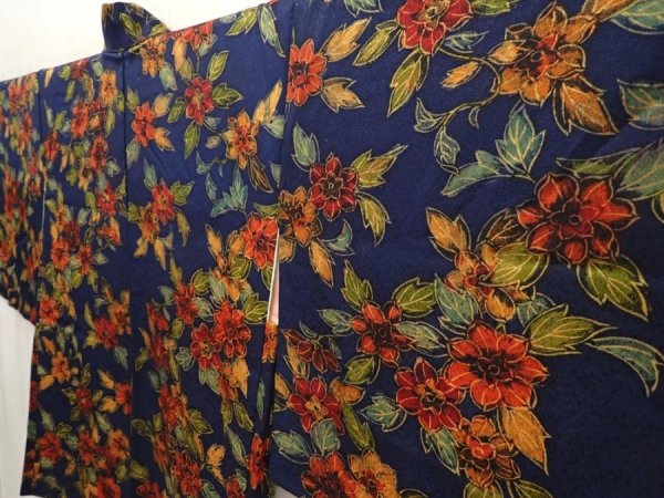 Photo2: 6514T01z580 Vintage Japanese Kimono Silk HAORI Flower Navy (2)