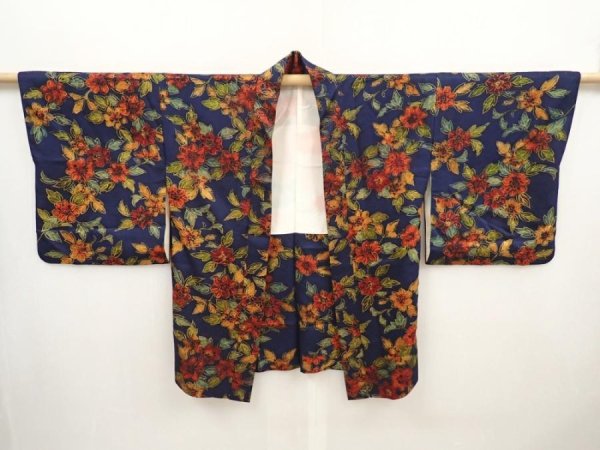 Photo5: 6514T01z580 Vintage Japanese Kimono Silk HAORI Flower Navy (5)