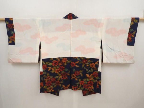 Photo6: 6514T01z580 Vintage Japanese Kimono Silk HAORI Flower Navy (6)