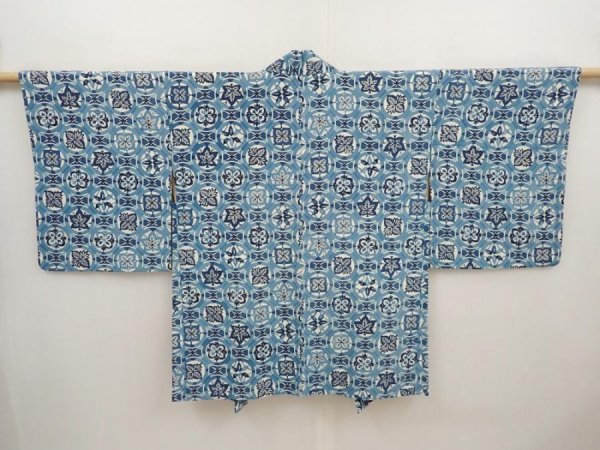 Photo1: 6514T03z550 Vintage Japanese Kimono Silk HAORI Leaves Dull sea blue (1)