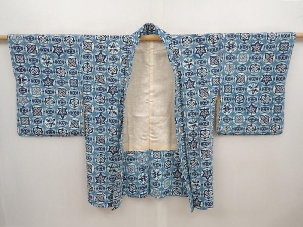 Photo5: 6514T03z550 Vintage Japanese Kimono Silk HAORI Leaves Dull sea blue (5)