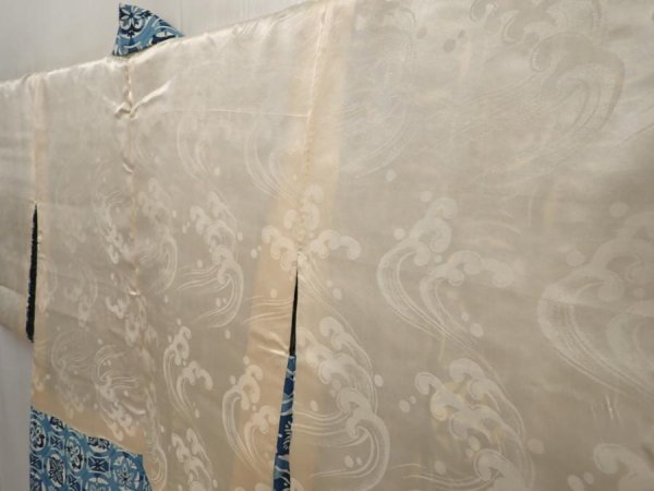 Photo7: 6514T03z550 Vintage Japanese Kimono Silk HAORI Leaves Dull sea blue (7)