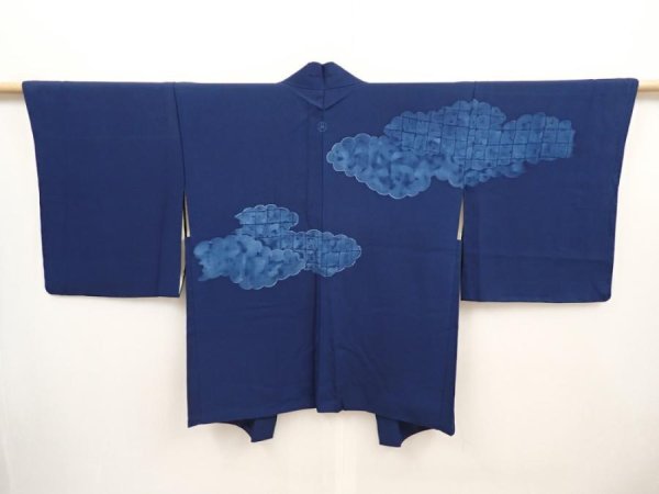 Photo1: 6514T04z550 Vintage Japanese Kimono Silk HAORI Cloud Navy (1)