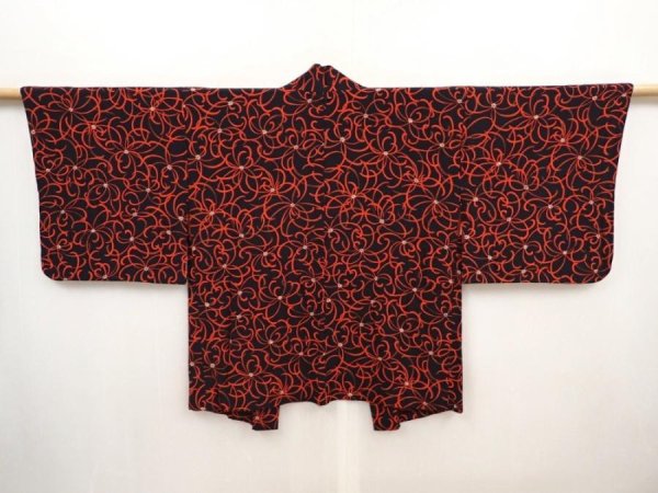 Photo1: 6514T05z400 Vintage Japanese Kimono Silk HAORI Flower Black (1)