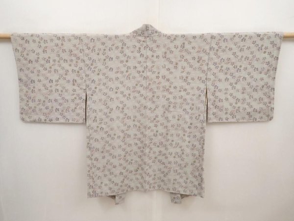 Photo1: 6514T06z640 Vintage Japanese Kimono Silk HAORI Flower Light gray (1)