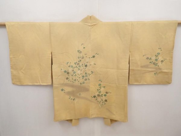 Photo1: 6514T08z580 Vintage Japanese Kimono Silk HAORI Flower Saffron yellow (1)
