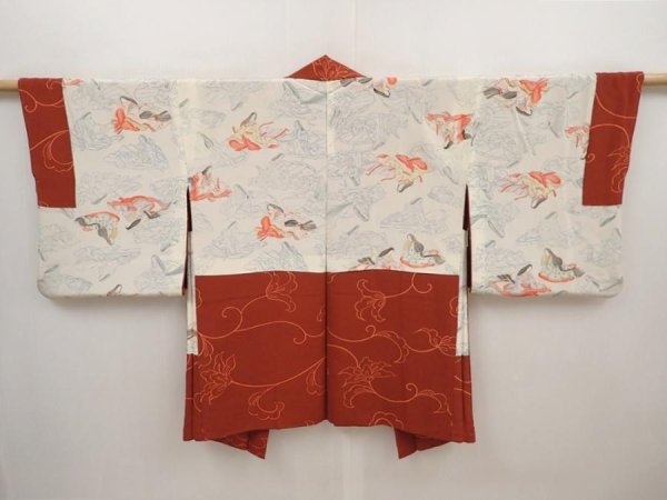 Photo1: 6514T09z560 Vintage Japanese Kimono Silk HAORI Flower Red-Brown (1)