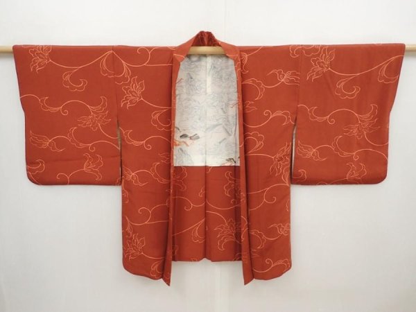 Photo7: 6514T09z560 Vintage Japanese Kimono Silk HAORI Flower Red-Brown (7)