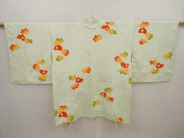 Photo1: 6514T10z590 Vintage Japanese Kimono Silk HAORI Ivy Soft green (1)