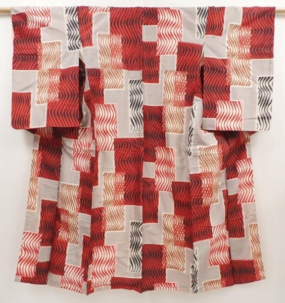 Photo1: 6514T11z630 Vintage Japanese Kimono Silk TSUMUGI  Dark red  Light gray (1)