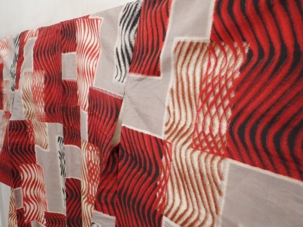Photo2: 6514T11z630 Vintage Japanese Kimono Silk TSUMUGI  Dark red  Light gray (2)