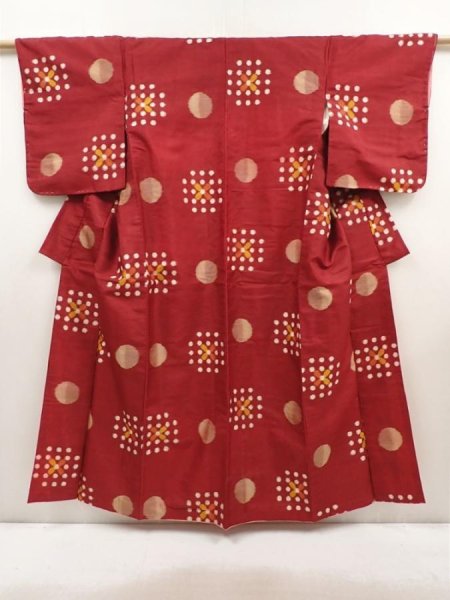 Photo1: 6514T12z750 Vintage Japanese Kimono Silk MEISEN KOMON  Dark red (1)