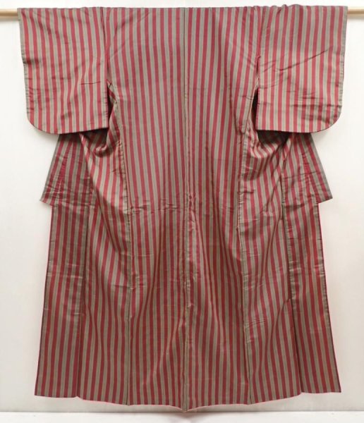 Photo1: 6514T13z660 Vintage Japanese Kimono Silk TSUMUGI Stripe Wine red (1)