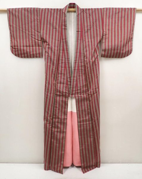 Photo8: 6514T13z660 Vintage Japanese Kimono Silk TSUMUGI Stripe Wine red (8)
