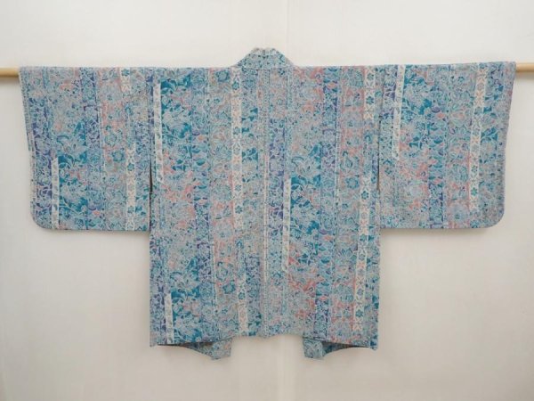 Photo1: 6515T02z550 Vintage Japanese Kimono Silk HAORI Flowers Dull sea blue (1)