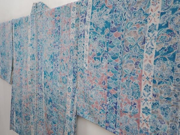 Photo2: 6515T02z550 Vintage Japanese Kimono Silk HAORI Flowers Dull sea blue (2)