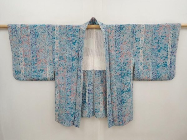 Photo5: 6515T02z550 Vintage Japanese Kimono Silk HAORI Flowers Dull sea blue (5)