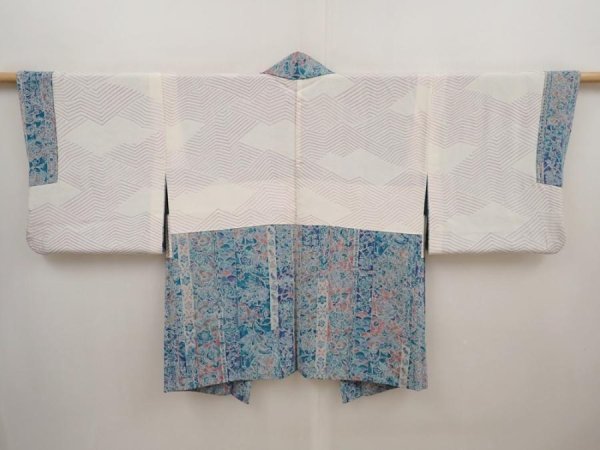 Photo6: 6515T02z550 Vintage Japanese Kimono Silk HAORI Flowers Dull sea blue (6)