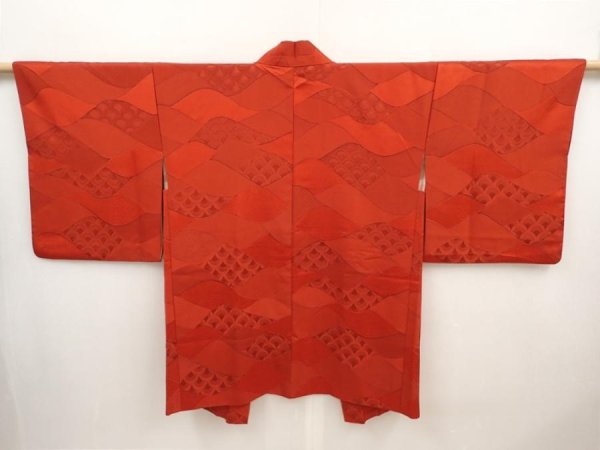 Photo1: 6515T04z590 Vintage Japanese Kimono Silk HAORI Wave Dark red (1)