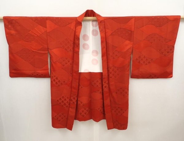 Photo5: 6515T04z590 Vintage Japanese Kimono Silk HAORI Wave Dark red (5)