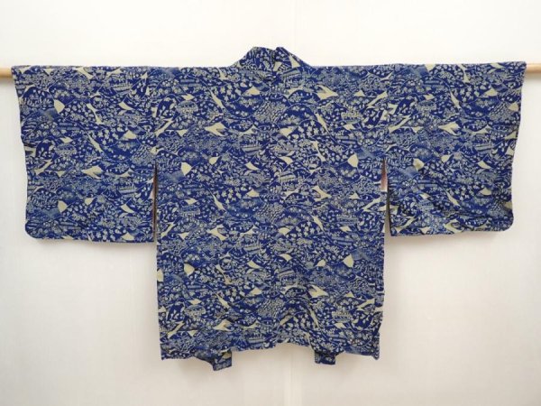 Photo1: 6515T06z480 Vintage Japanese Kimono Crepe Silk HAORI  Dark blue (1)
