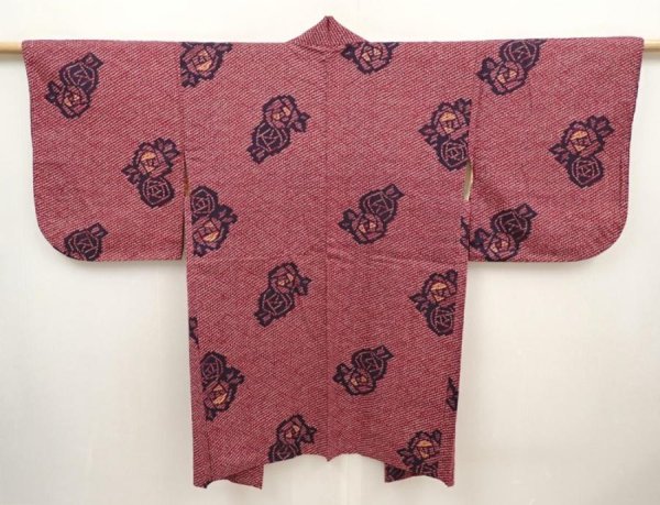 Photo1: 6515T08z590 Vintage Japanese Kimono Cotton HAORI Rose Wine red (1)