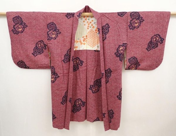 Photo5: 6515T08z590 Vintage Japanese Kimono Cotton HAORI Rose Wine red (5)