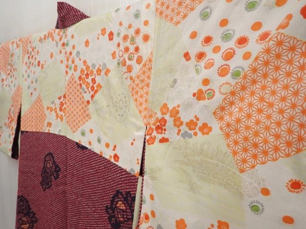 Photo7: 6515T08z590 Vintage Japanese Kimono Cotton HAORI Rose Wine red (7)