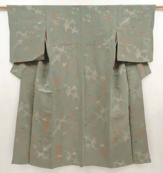Photo1: 6515T12z1060 Vintage Japanese Kimono Silk KOMON Bird Sage green (1)