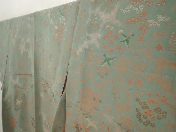 Photo2: 6515T12z1060 Vintage Japanese Kimono Silk KOMON Bird Sage green (2)