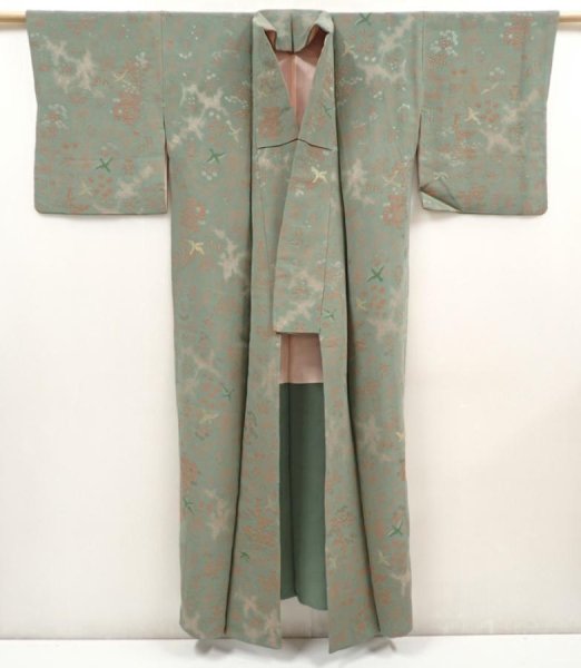 Photo8: 6515T12z1060 Vintage Japanese Kimono Silk KOMON Bird Sage green (8)