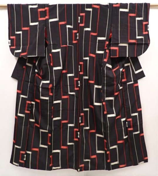 Photo1: 6515T13z740 Vintage Japanese Kimono Silk MEISEN KOMON  Black (1)