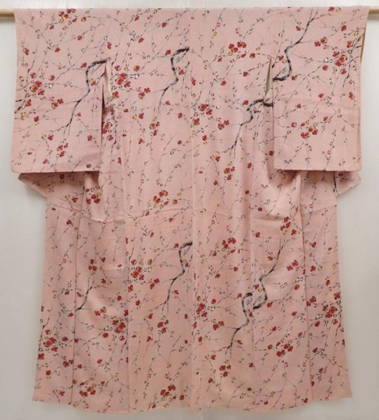 Photo1: 6515T14z700 Vintage Japanese Kimono Silk KOMON Plum blossom Pink (1)
