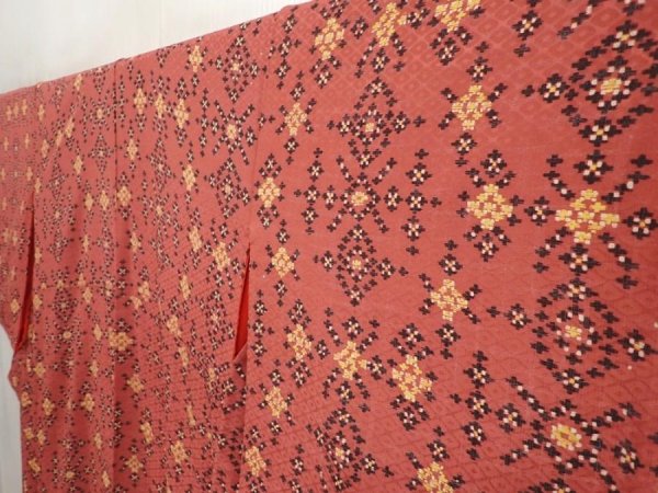 Photo2: 6515T15z700 Antique Japanese Kimono Silk KOMON  Red-Brown (2)