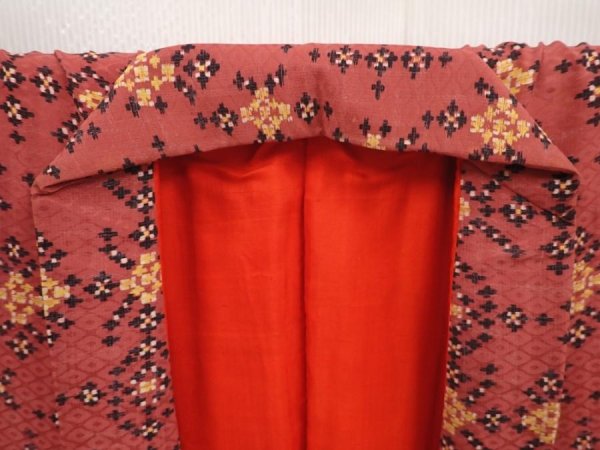 Photo7: 6515T15z700 Antique Japanese Kimono Silk KOMON  Red-Brown (7)