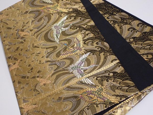 Photo1: 6518i04z830  Japanese Kimono Silk FUKURO OBI Flying crane Gold 168.5x12.2 (1)