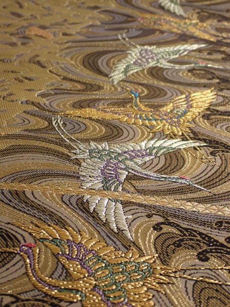 Photo2: 6518i04z830  Japanese Kimono Silk FUKURO OBI Flying crane Gold 168.5x12.2 (2)