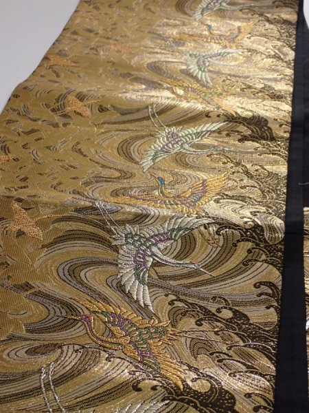 Photo4: 6518i04z830  Japanese Kimono Silk FUKURO OBI Flying crane Gold 168.5x12.2 (4)