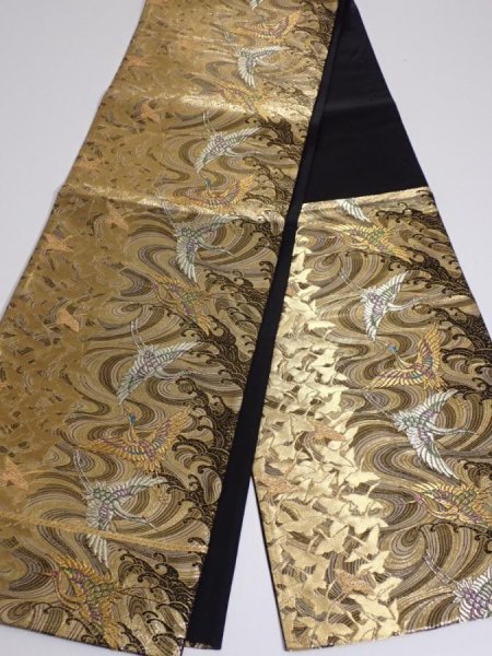 Photo5: 6518i04z830  Japanese Kimono Silk FUKURO OBI Flying crane Gold 168.5x12.2 (5)