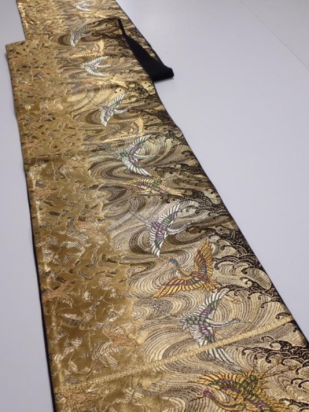 Photo6: 6518i04z830  Japanese Kimono Silk FUKURO OBI Flying crane Gold 168.5x12.2 (6)