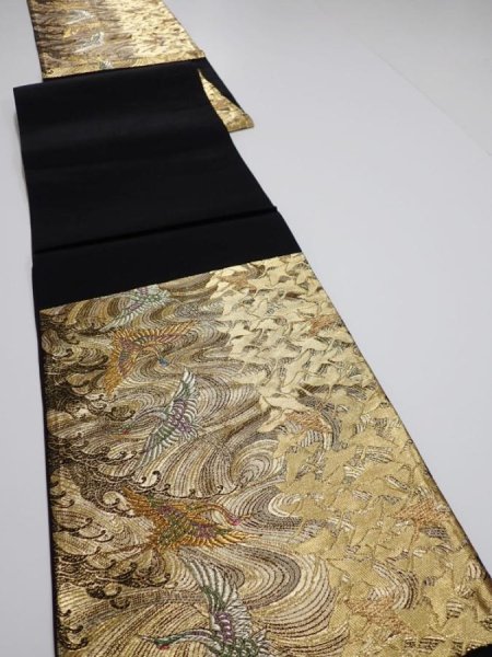Photo7: 6518i04z830  Japanese Kimono Silk FUKURO OBI Flying crane Gold 168.5x12.2 (7)