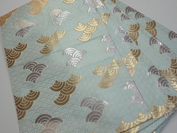 Photo1: 6518i05z1080  Japanese Kimono Silk FUKURO OBI Seigaiha Light blue 160.6x11.8 (1)
