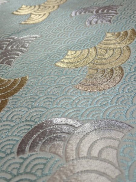Photo2: 6518i05z1080  Japanese Kimono Silk FUKURO OBI Seigaiha Light blue 160.6x11.8 (2)