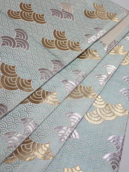 Photo3: 6518i05z1080  Japanese Kimono Silk FUKURO OBI Seigaiha Light blue 160.6x11.8 (3)