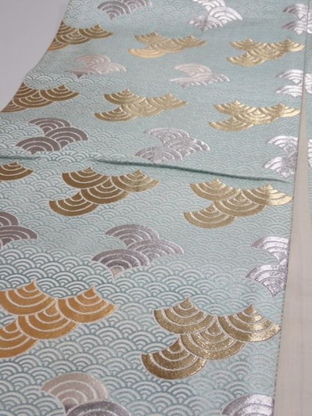 Photo4: 6518i05z1080  Japanese Kimono Silk FUKURO OBI Seigaiha Light blue 160.6x11.8 (4)